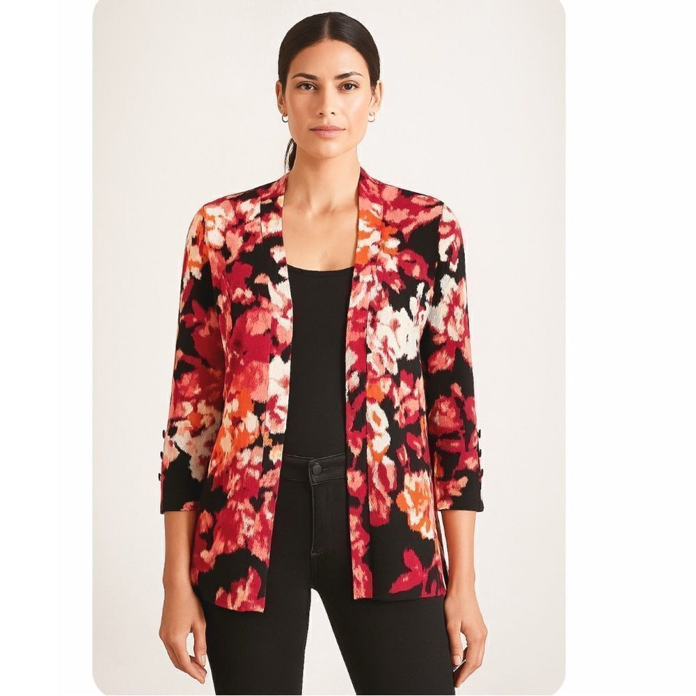 Chico's Floral Open Front Sweater Cardigan 3/4 Sleeve NEW The Perfect Layer Sz S